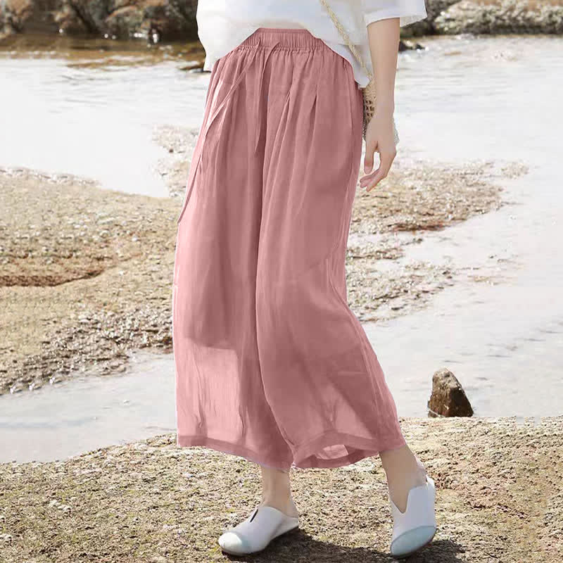 Buddha Stones Pantalon Capri bohème décontracté d'été à cordon de serrage, uni, jambes larges, avec poches - image 33