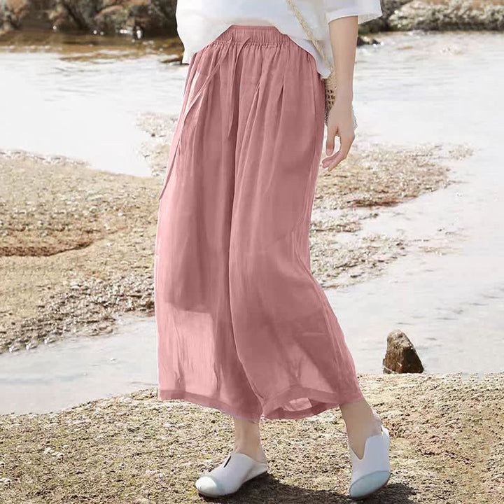 Buddha Stones Pantalon Capri bohème décontracté d'été à cordon de serrage, uni, jambes larges, avec poches - image 33