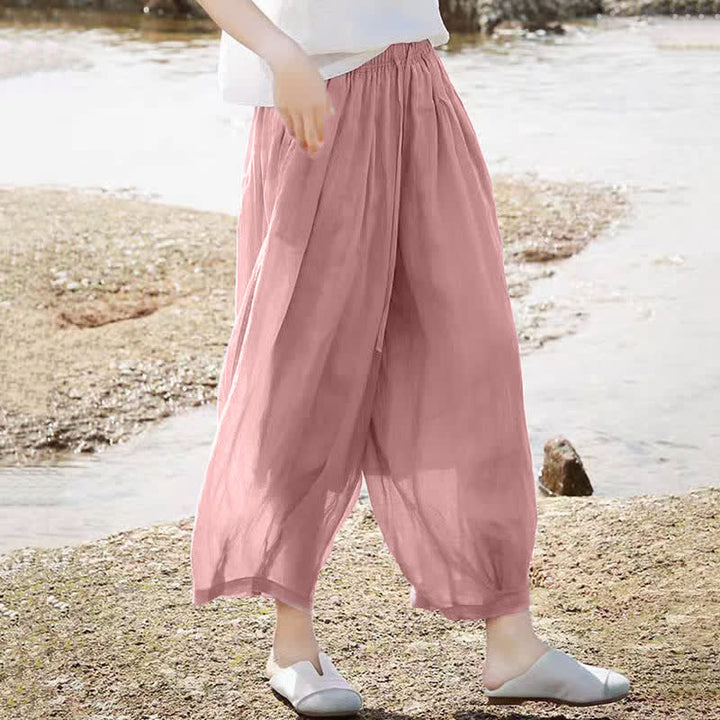 Buddha Stones Pantalon Capri bohème décontracté d'été à cordon de serrage, uni, jambes larges, avec poches - image 32