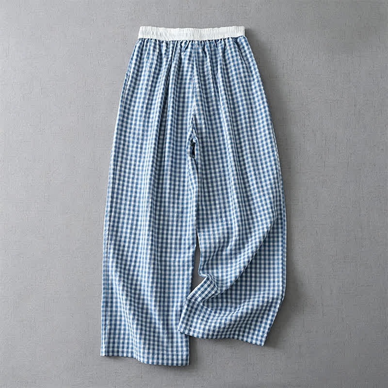 Buddha Stones Pantalon d'été décontracté à carreaux avec cordon de serrage et cheville, coupe droite, poches - image 1