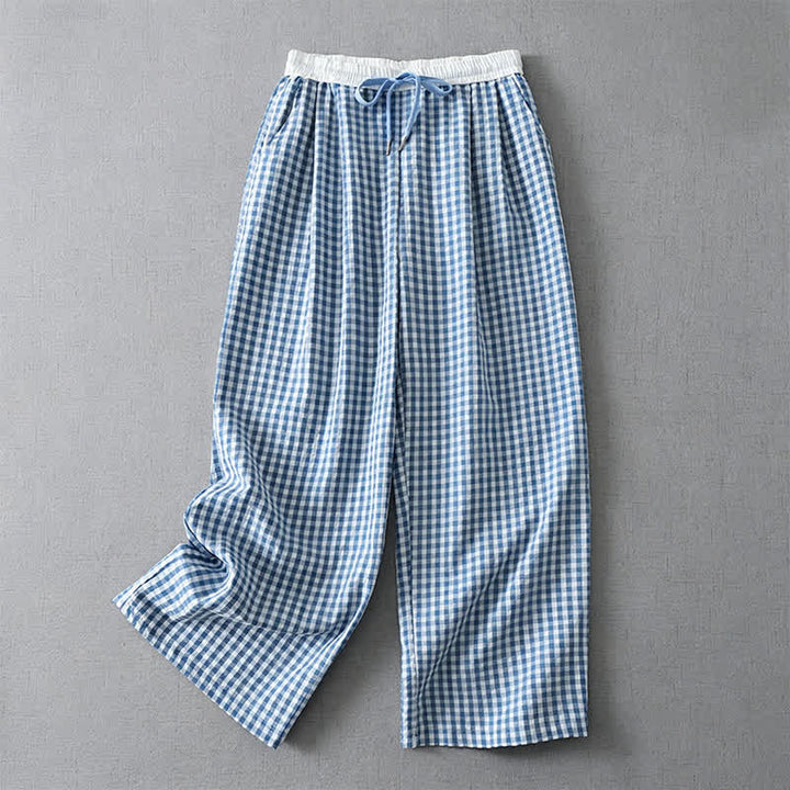 Buddha Stones Pantalon d'été décontracté à carreaux avec cordon de serrage et cheville, coupe droite, poches - Bleu clair - US8-10, UK/AU12-14, EU40-42 (2XL) - image 0