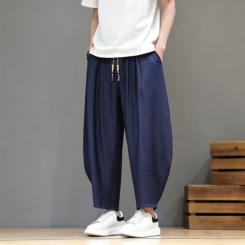 Buddha Stones Pantalon harem homme décontracté d'été minimaliste à cordon de serrage uni court avec poches - Marine - US/UK/AU46, EU56 (5XL) - image 0