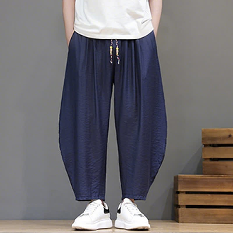 Buddha Stones Pantalon harem homme décontracté d'été minimaliste à cordon de serrage uni court avec poches - image 1