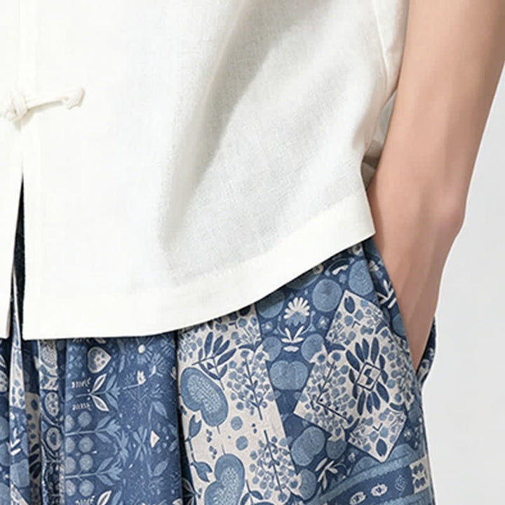 Buddha Stones Pantalon Capri fleuri bohème décontracté d'été à cordon de serrage et poches pour homme - image 11
