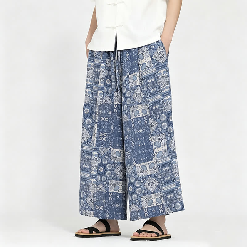 Buddha Stones Pantalon Capri fleuri bohème décontracté d'été à cordon de serrage et poches pour homme - SteelBlue - US/UK/AU48, EU58 (5XL) - image 0
