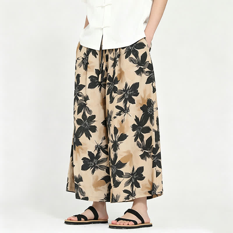 Buddha Stones Pantalon Capri fleuri bohème décontracté d'été à cordon de serrage et poches pour homme - Kaki - US/UK/AU48, EU58 (5XL) - image 13