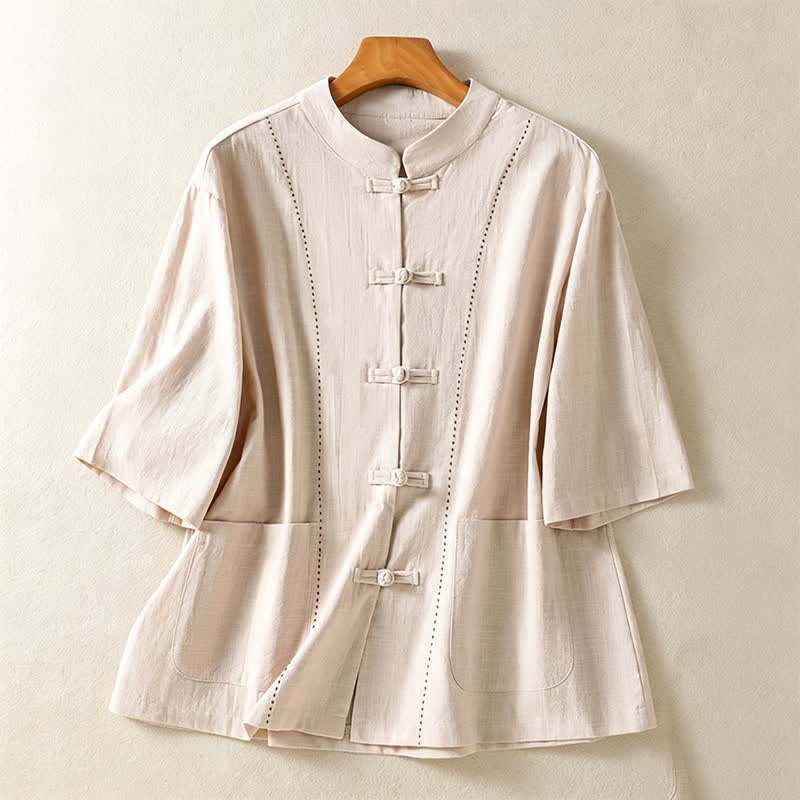 Buddha Stones Chemises à manches courtes pour femmes, style Tang, vintage, col mandarin, boutons brandebourg, couleur unie, avec poches - Beige - US8-10, UK/AU12-14, EU40-42 (2XL) - image 0