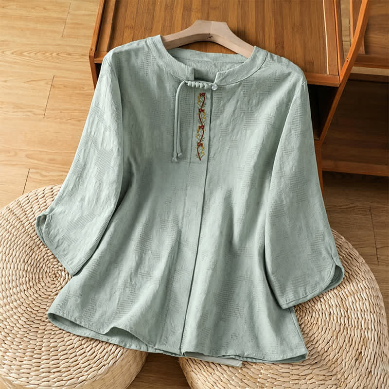 Buddha Stones Chemises à manches courtes pour femmes, style bohème d'été, brodées, à cordon de serrage, unies - Vert pâle - US12, UK/AU16, EU44 (3XL) - image 0