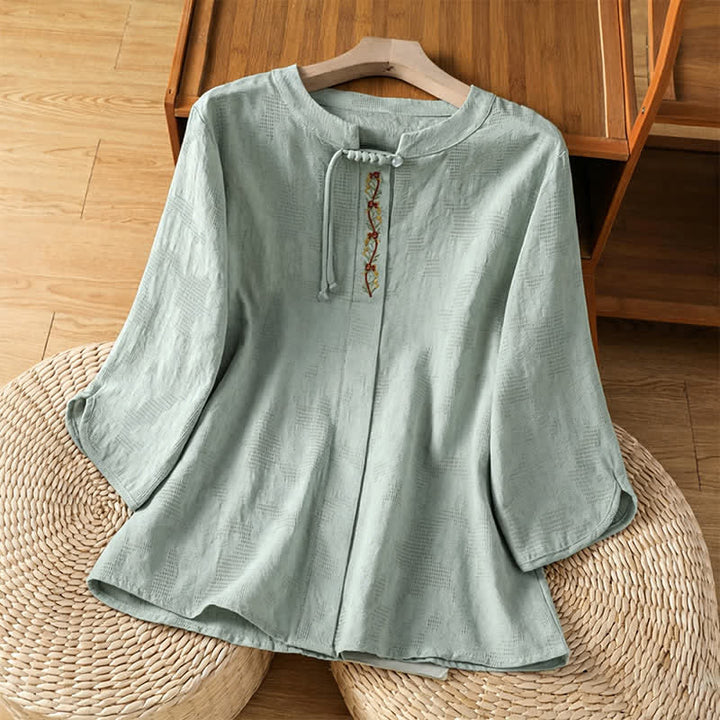Buddha Stones Chemises à manches courtes pour femmes, style bohème d'été, brodées, à cordon de serrage, unies - Vert pâle - US12, UK/AU16, EU44 (3XL) - image 0