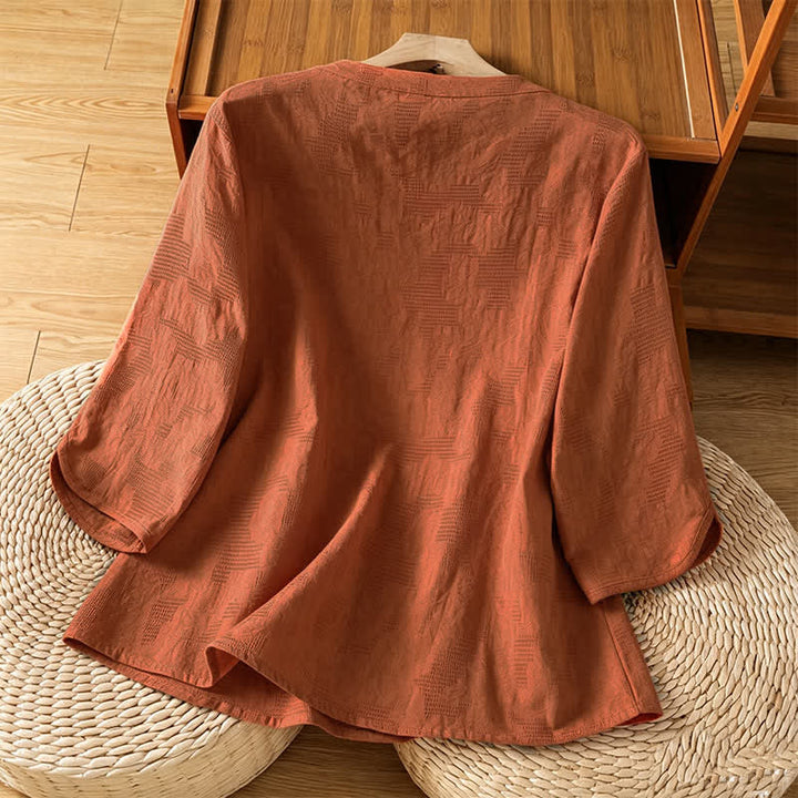 Buddha Stones Chemises à manches courtes pour femmes, style bohème d'été, brodées, à cordon de serrage, unies - image 15