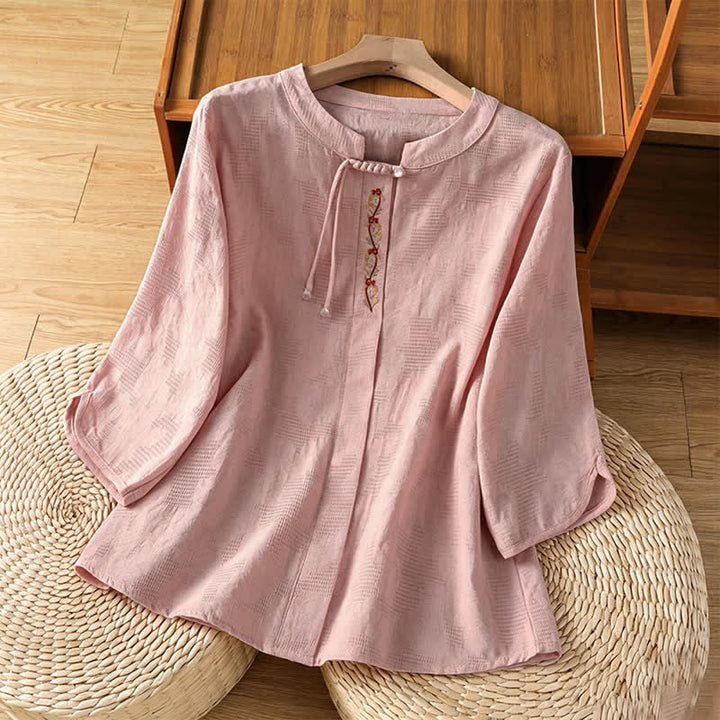 Buddha Stones Chemises à manches courtes pour femmes, style bohème d'été, brodées, à cordon de serrage, unies - Rose clair - US12, UK/AU16, EU44 (3XL) - image 6
