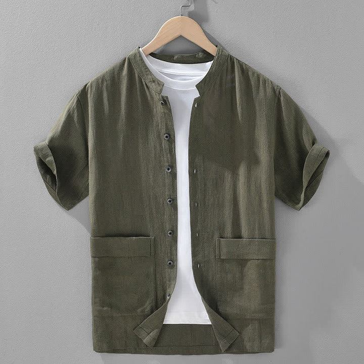 Buddha Stones Chemises d'été vintage pour hommes, col mandarin, boutonnées, manches courtes, unies, avec poches - Vert olive foncé - US/UK/AU42，EU52 (3XL) - image 11