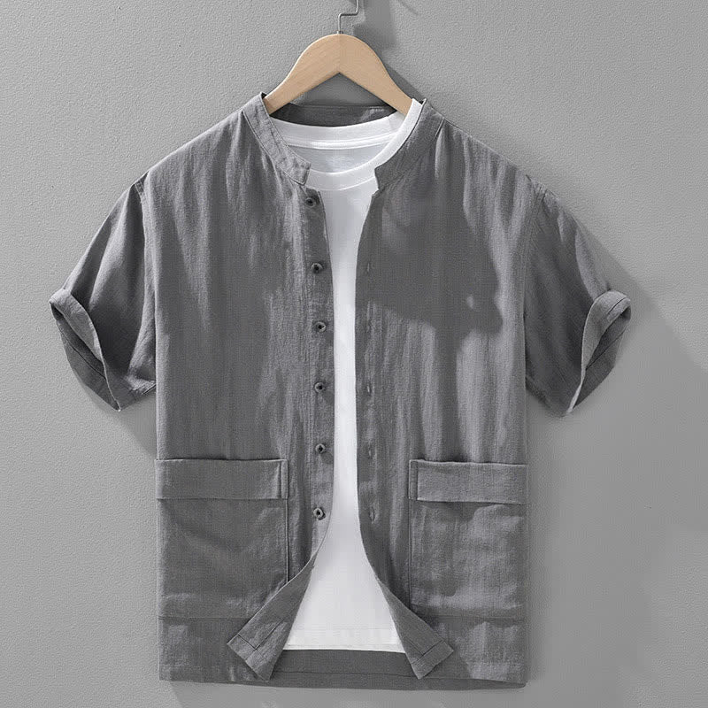 Buddha Stones Chemises d'été vintage pour hommes, col mandarin, boutonnées, manches courtes, unies, avec poches - Gris - US/UK/AU42，EU52 (3XL) - image 0