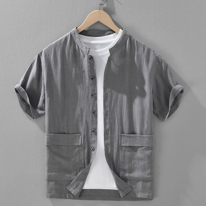 Buddha Stones Chemises d'été vintage pour hommes, col mandarin, boutonnées, manches courtes, unies, avec poches - Gris - US/UK/AU42，EU52 (3XL) - image 0