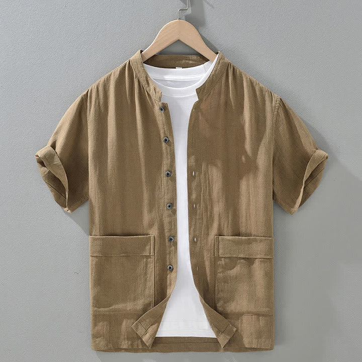 Buddha Stones Chemises d'été vintage pour hommes, col mandarin, boutonnées, manches courtes, unies, avec poches - DarkKhaki - US/UK/AU42，EU52 (3XL) - image 12