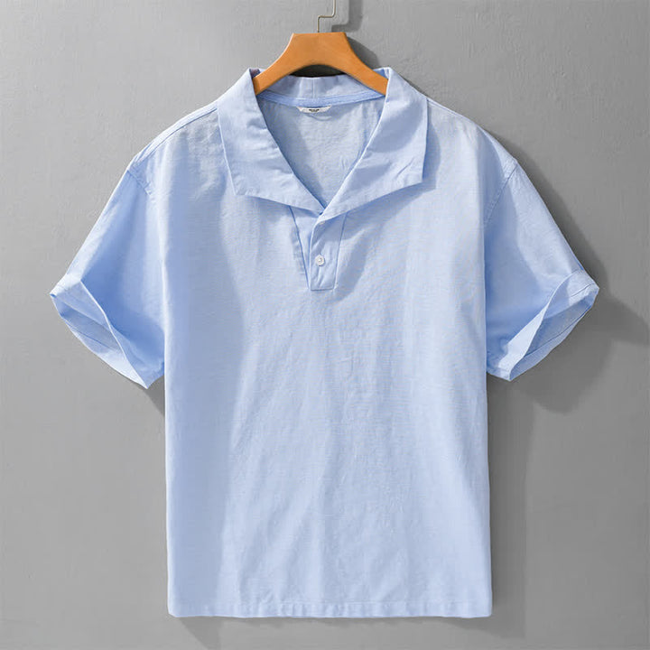 Buddha Stones Chemises d'été minimalistes décontractées à manches courtes pour hommes, boutonnées, à revers uni - Bleu ciel clair - US/UK/AU42，EU52 (3XL) - image 0