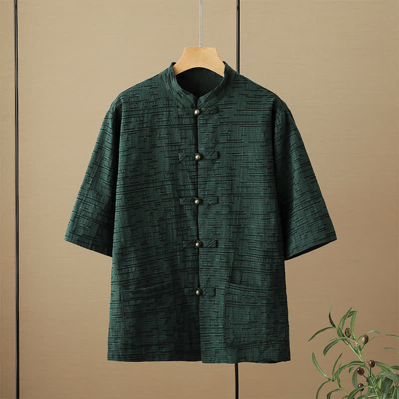Buddha Stones Chemises d'été décontractées pour hommes, style Tang, col mandarin, boutons brandebourg, manches trois-quarts, poches - Vert foncé - US/UK/AU48，EU58 (6XL) - image 0