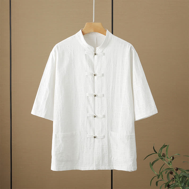 Buddha Stones Chemises d'été décontractées pour hommes, style Tang, col mandarin, boutons brandebourg, manches trois-quarts, poches - Blanc - US/UK/AU48，EU58 (6XL) - image 3