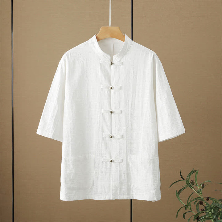 Buddha Stones Chemises d'été décontractées pour hommes, style Tang, col mandarin, boutons brandebourg, manches trois-quarts, poches - Blanc - US/UK/AU48，EU58 (6XL) - image 3