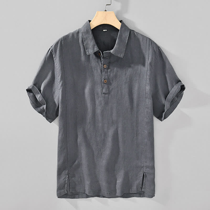 Buddha Stones Chemises à manches courtes pour hommes, style minimaliste décontracté d'été, en lin uni, à boutons. - Gris sombre - US/UK/AU44，EU54 (4XL) - image 0