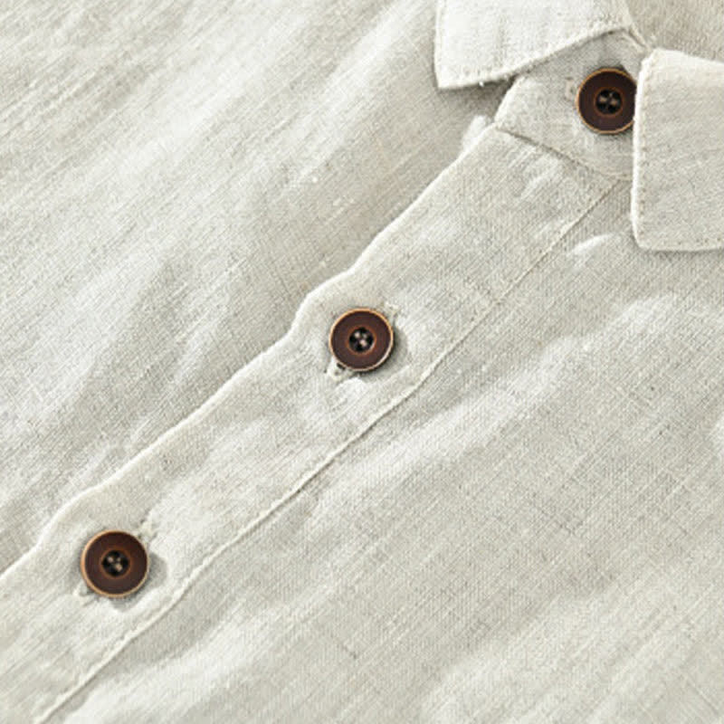 Buddha Stones Chemises à manches courtes pour hommes, style minimaliste décontracté d'été, en lin uni, à boutons. - image 5
