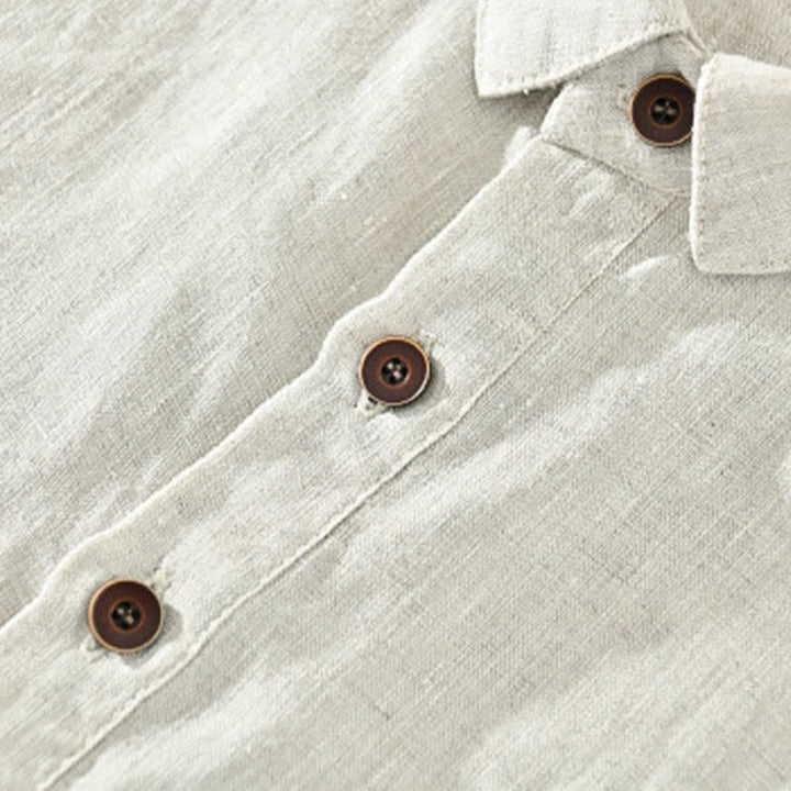 Buddha Stones Chemises à manches courtes pour hommes, style minimaliste décontracté d'été, en lin uni, à boutons. - image 5