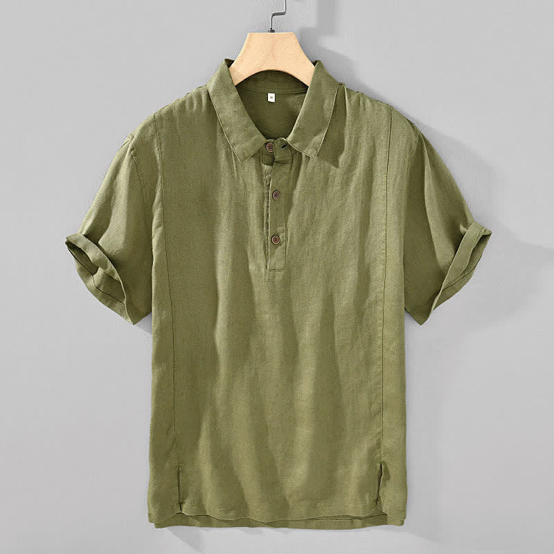 Buddha Stones Chemises à manches courtes pour hommes, style minimaliste décontracté d'été, en lin uni, à boutons. - Vert olive - US/UK/AU44，EU54 (4XL) - image 12