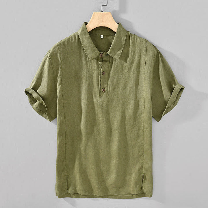 Buddha Stones Chemises à manches courtes pour hommes, style minimaliste décontracté d'été, en lin uni, à boutons. - Vert olive - US/UK/AU44，EU54 (4XL) - image 12