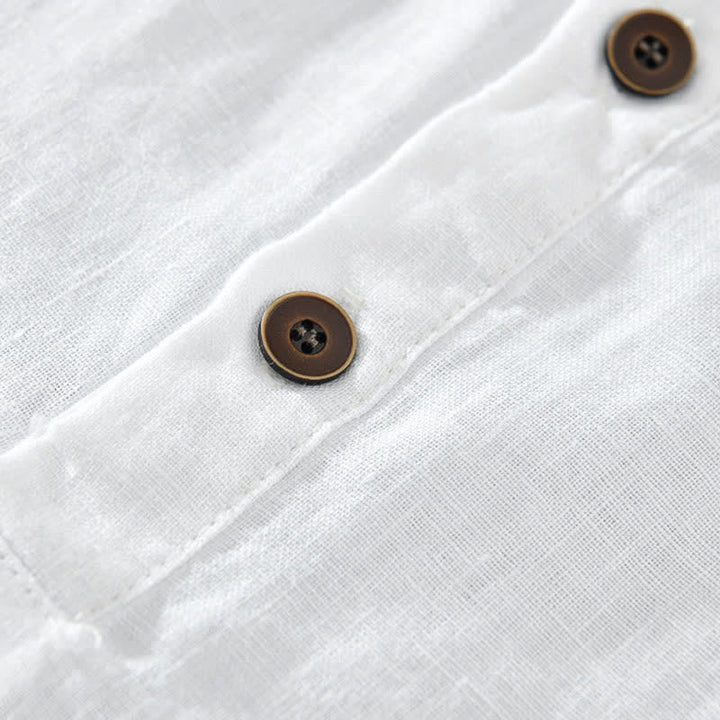 Buddha Stones Chemises à manches courtes pour hommes, style minimaliste décontracté d'été, en lin uni, à boutons. - image 10