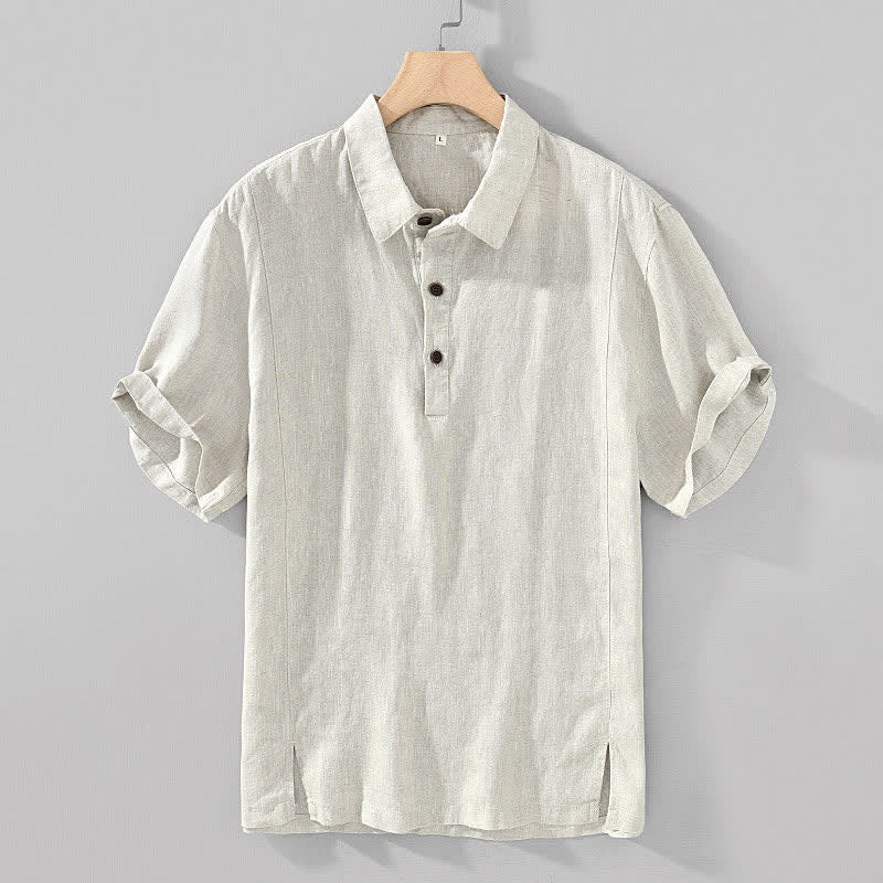 Buddha Stones Chemises à manches courtes pour hommes, style minimaliste décontracté d'été, en lin uni, à boutons. - Lin - US/UK/AU44，EU54 (4XL) - image 3