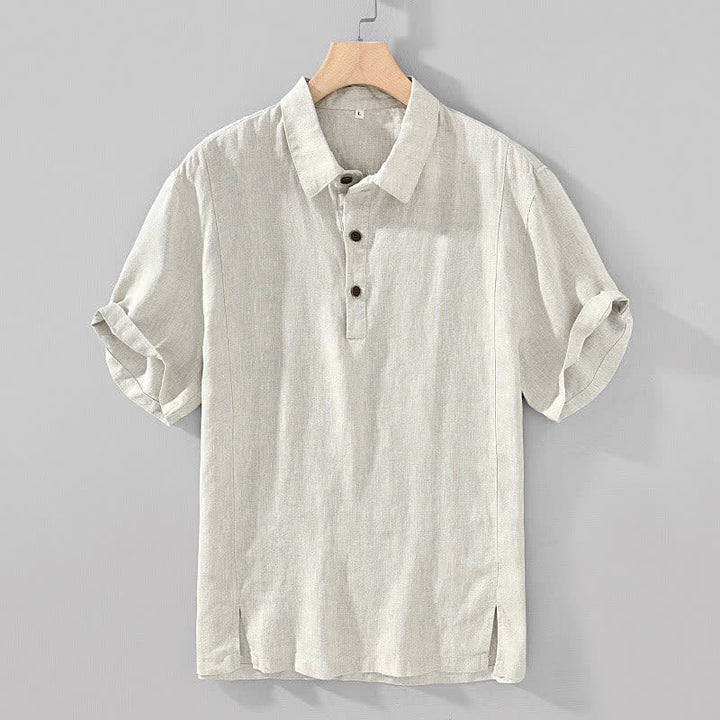 Buddha Stones Chemises à manches courtes pour hommes, style minimaliste décontracté d'été, en lin uni, à boutons. - Lin - US/UK/AU44，EU54 (4XL) - image 3