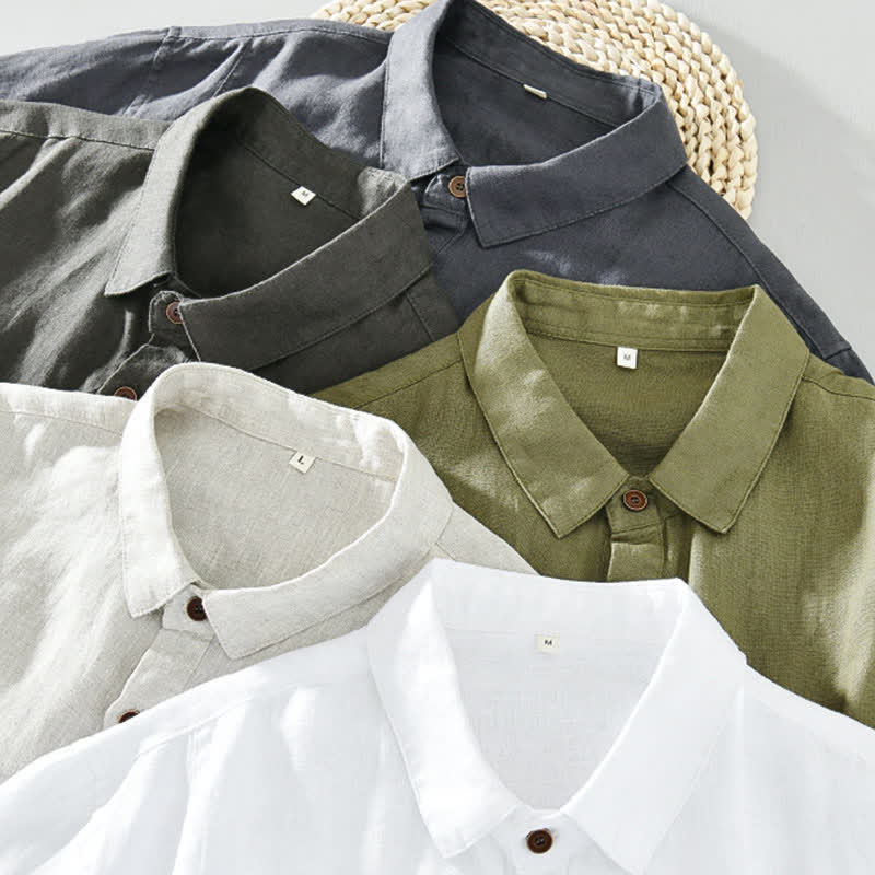 Buddha Stones Chemises à manches courtes pour hommes, style minimaliste décontracté d'été, en lin uni, à boutons. - image 19