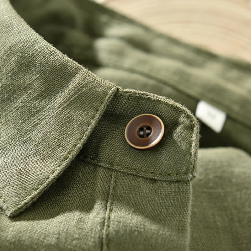 Buddha Stones Chemises à manches courtes pour hommes, style minimaliste décontracté d'été, en lin uni, à boutons. - image 14