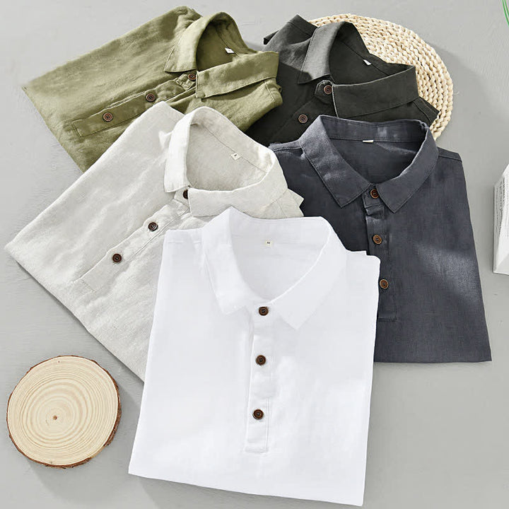 Buddha Stones Chemises à manches courtes pour hommes, style minimaliste décontracté d'été, en lin uni, à boutons. - image 20