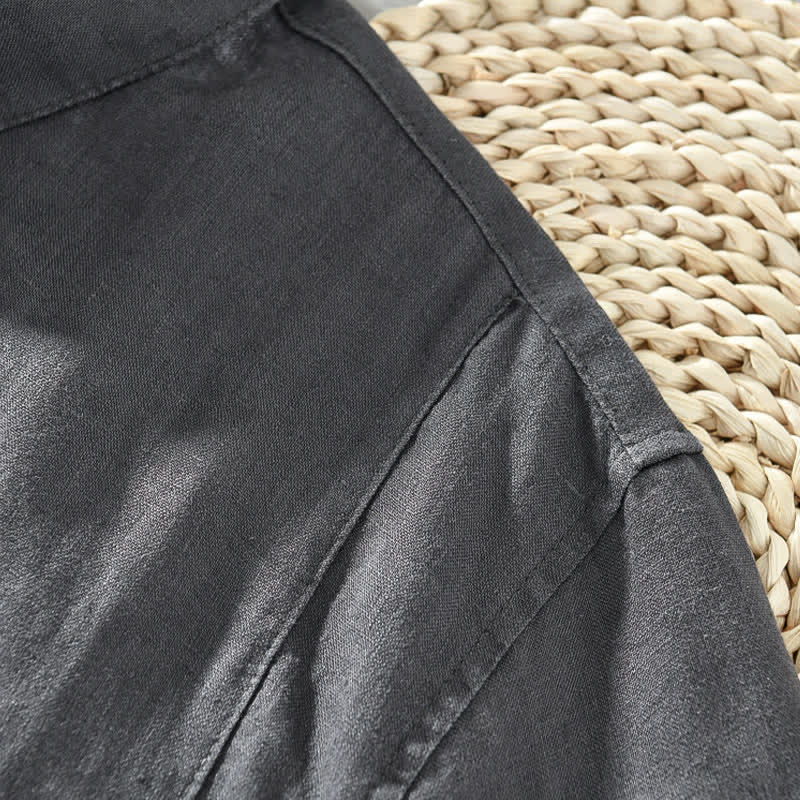 Buddha Stones Chemises à manches courtes pour hommes, style minimaliste décontracté d'été, en lin uni, à boutons. - image 2