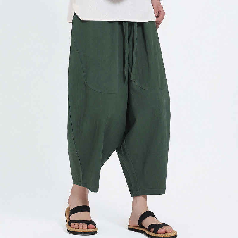 Buddha Stones Pantalon Capri d'été décontracté à cordon de serrage en coton et lin uni, style sarouel, avec poches - image 4