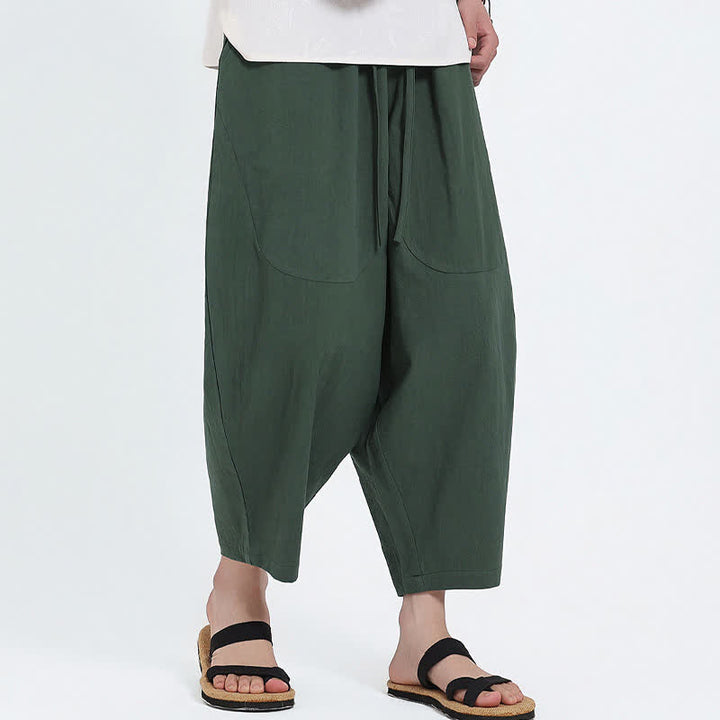 Buddha Stones Pantalon Capri d'été décontracté à cordon de serrage en coton et lin uni, style sarouel, avec poches - image 4