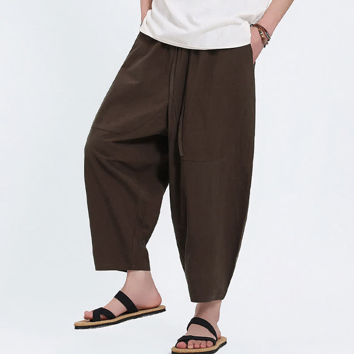 Buddha Stones Pantalon Capri d'été décontracté à cordon de serrage en coton et lin uni, style sarouel, avec poches - image 10