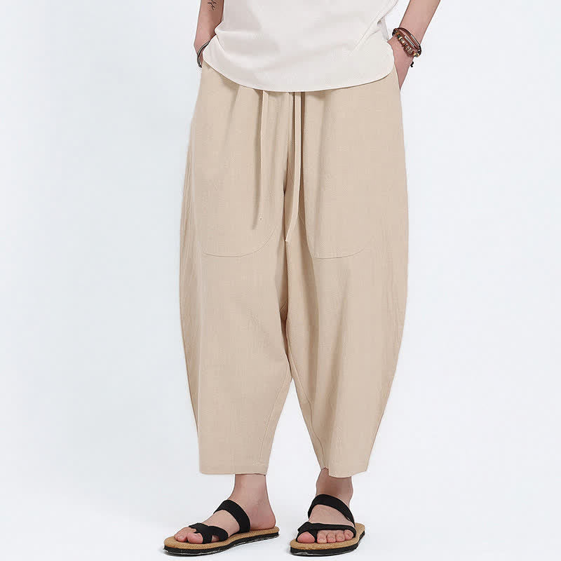 Buddha Stones Pantalon Capri d'été décontracté à cordon de serrage en coton et lin uni, style sarouel, avec poches - image 18