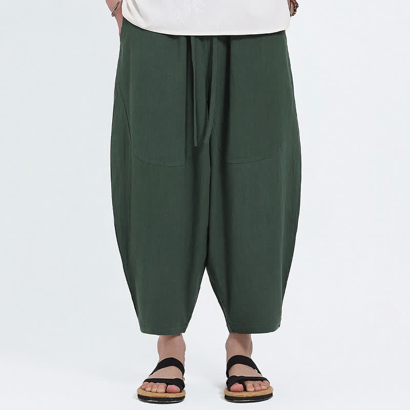 Buddha Stones Pantalon Capri d'été décontracté à cordon de serrage en coton et lin uni, style sarouel, avec poches - image 1