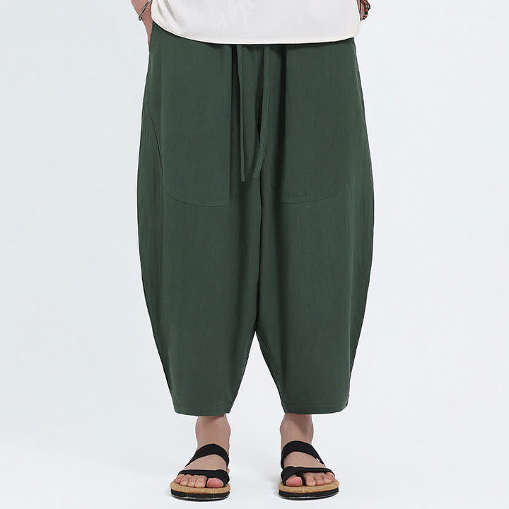 Buddha Stones Pantalon Capri d'été décontracté à cordon de serrage en coton et lin uni, style sarouel, avec poches - image 1