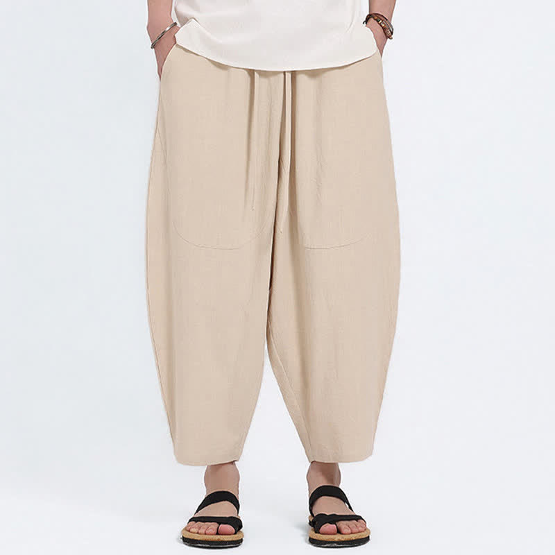Buddha Stones Pantalon Capri d'été décontracté à cordon de serrage en coton et lin uni, style sarouel, avec poches - Beige - US/UK/AU46，EU56 (5XL) - image 15