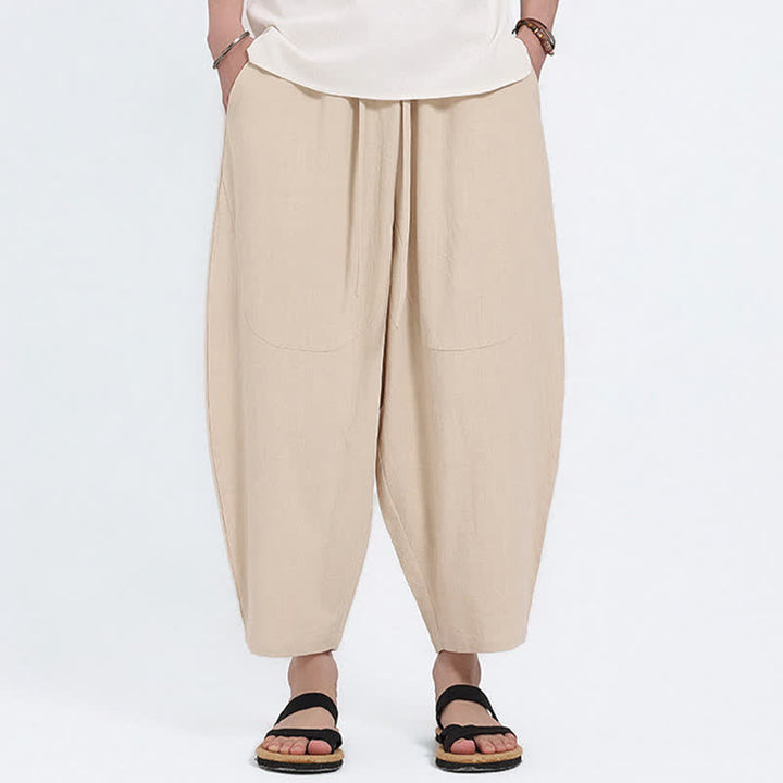 Buddha Stones Pantalon Capri d'été décontracté à cordon de serrage en coton et lin uni, style sarouel, avec poches - Beige - US/UK/AU46，EU56 (5XL) - image 15