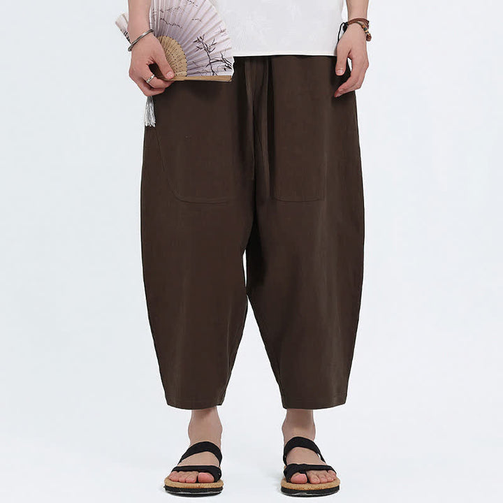 Buddha Stones Pantalon Capri d'été décontracté à cordon de serrage en coton et lin uni, style sarouel, avec poches - image 13