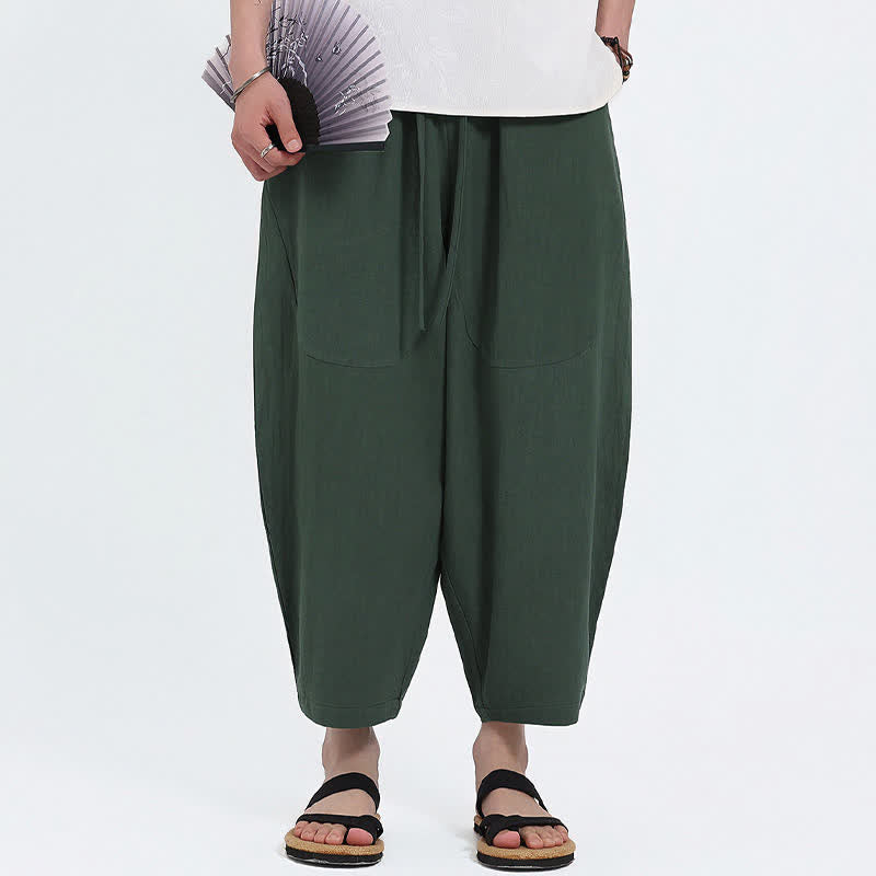 Buddha Stones Pantalon Capri d'été décontracté à cordon de serrage en coton et lin uni, style sarouel, avec poches - image 6