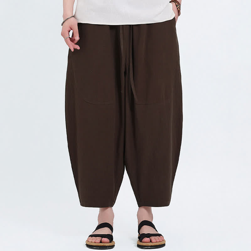 Buddha Stones Pantalon Capri d'été décontracté à cordon de serrage en coton et lin uni, style sarouel, avec poches - image 14