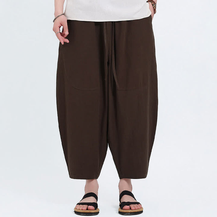 Buddha Stones Pantalon Capri d'été décontracté à cordon de serrage en coton et lin uni, style sarouel, avec poches - image 14