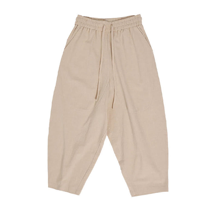 Buddha Stones Pantalon Capri d'été décontracté à cordon de serrage en coton et lin uni, style sarouel, avec poches - image 17