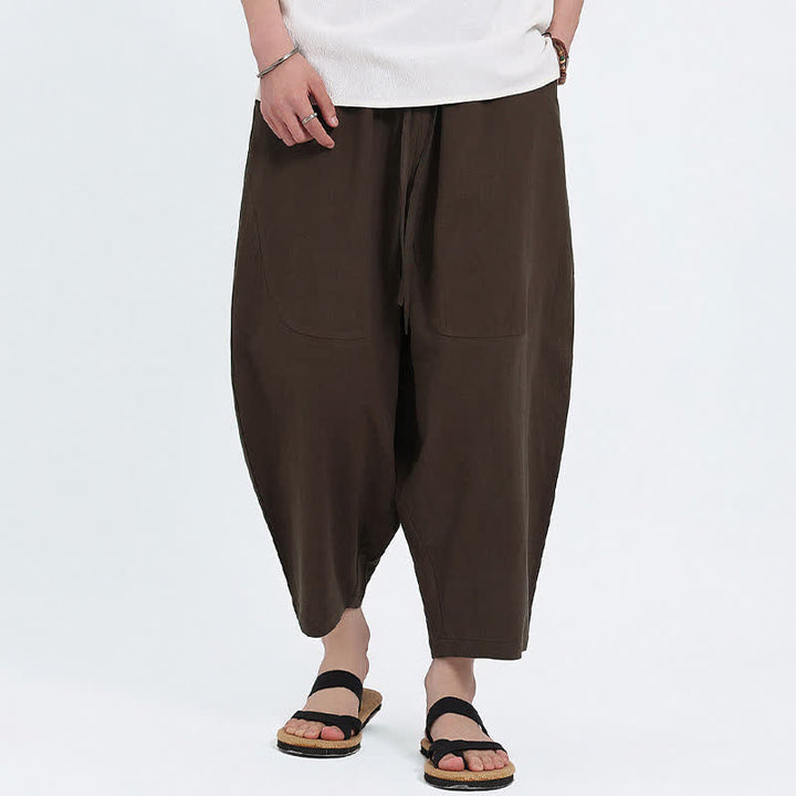 Buddha Stones Pantalon Capri d'été décontracté à cordon de serrage en coton et lin uni, style sarouel, avec poches - image 12
