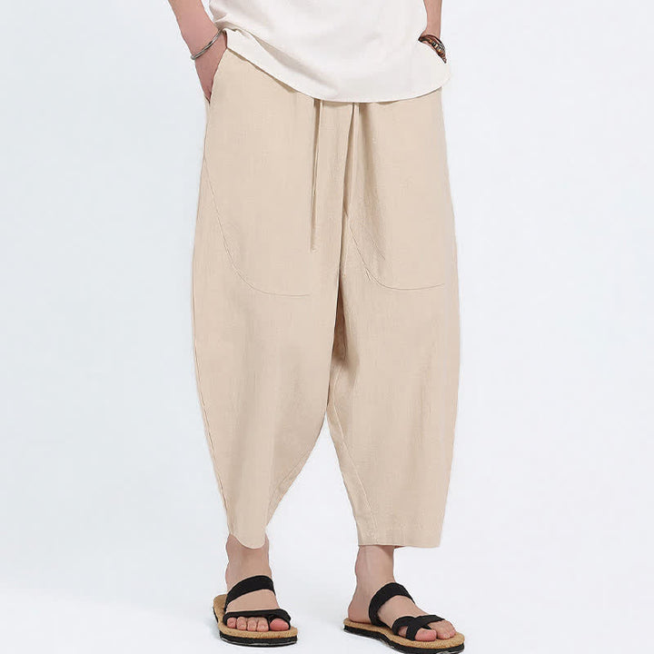 Buddha Stones Pantalon Capri d'été décontracté à cordon de serrage en coton et lin uni, style sarouel, avec poches - image 16
